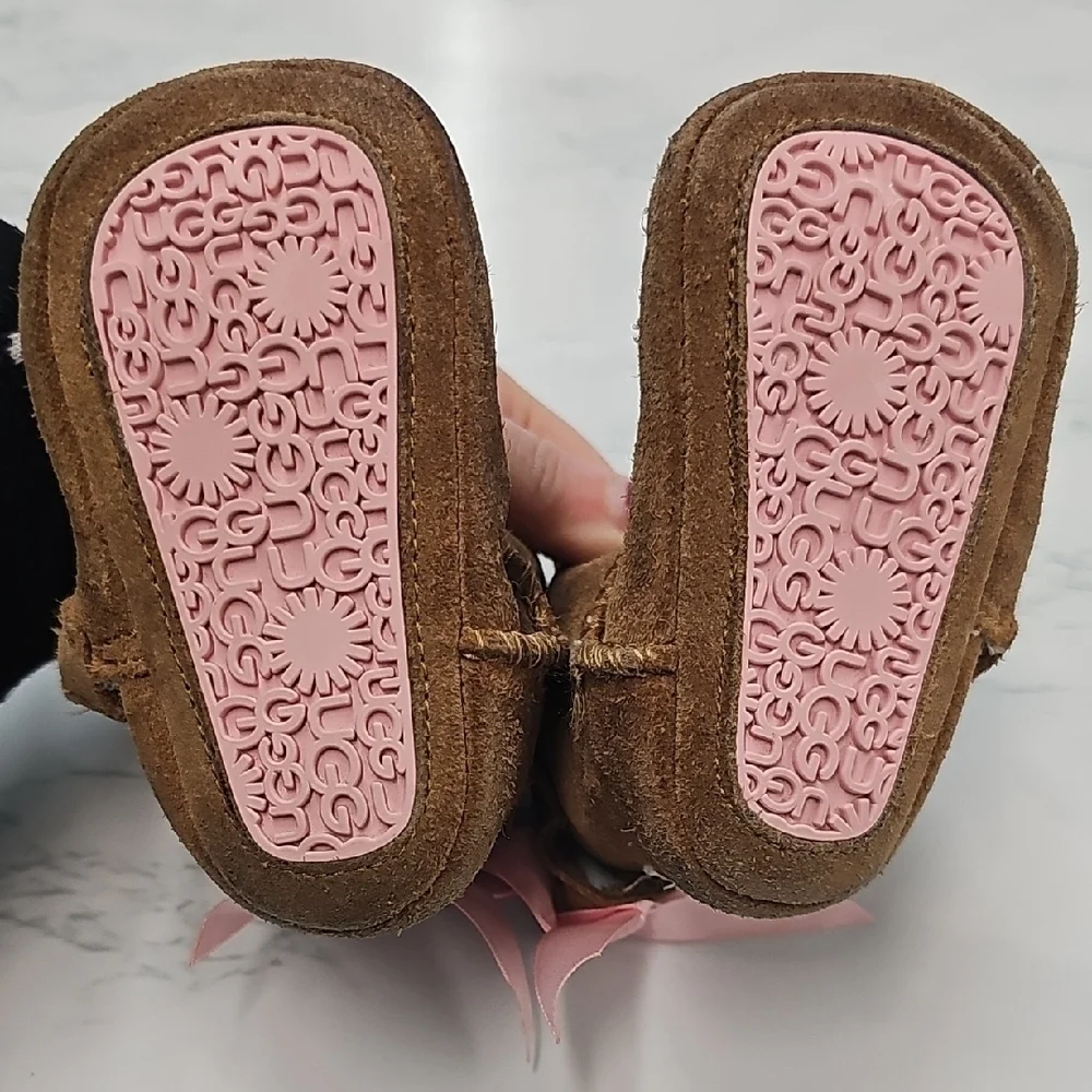 UGG Jessie Bow Brown Baby Booties with Pink Bow- Size 0/1